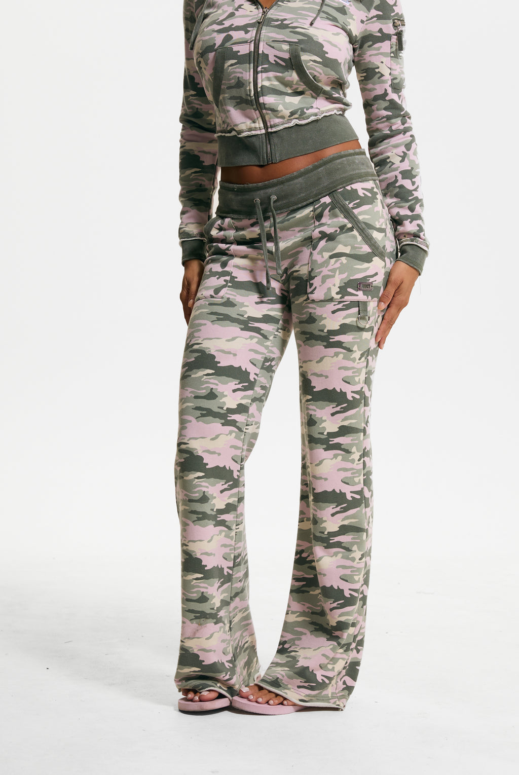 Pink Camo Print Washed Cotton Low Rise Track Bottoms