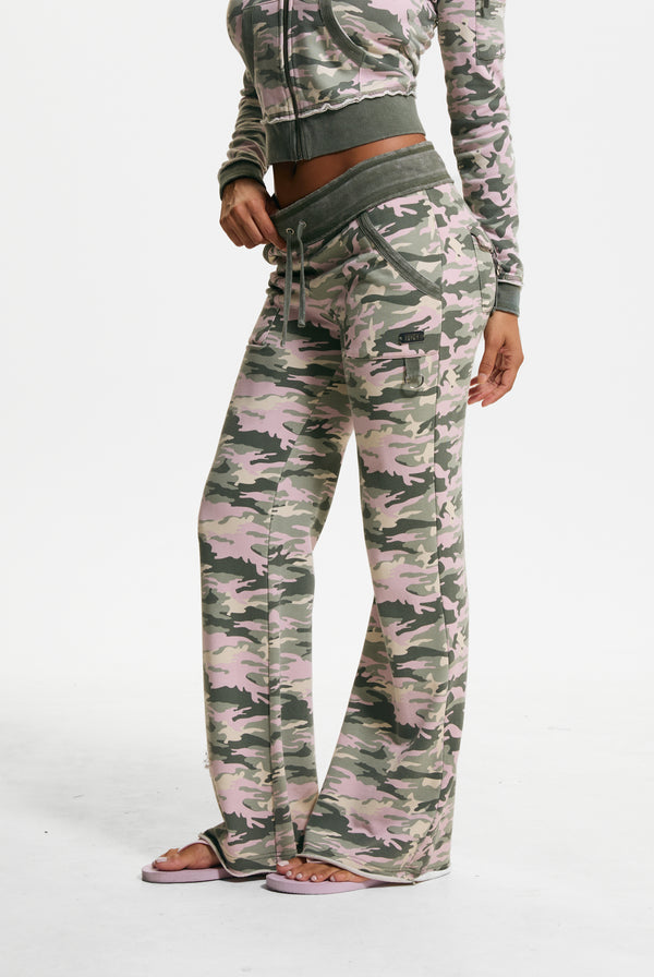 Pink Camo Print Washed Cotton Low Rise Track Bottoms
