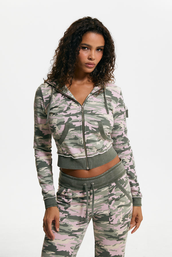 Pink Camo Print Washed Cotton Hoodie