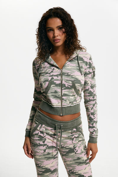 Pink Camo Print Washed Cotton Hoodie