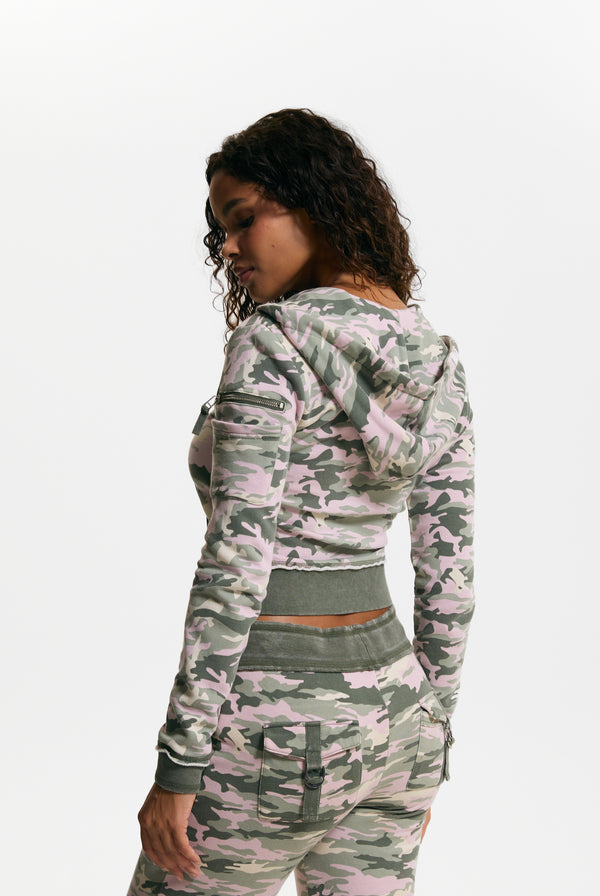 Pink Camo Print Washed Cotton Hoodie