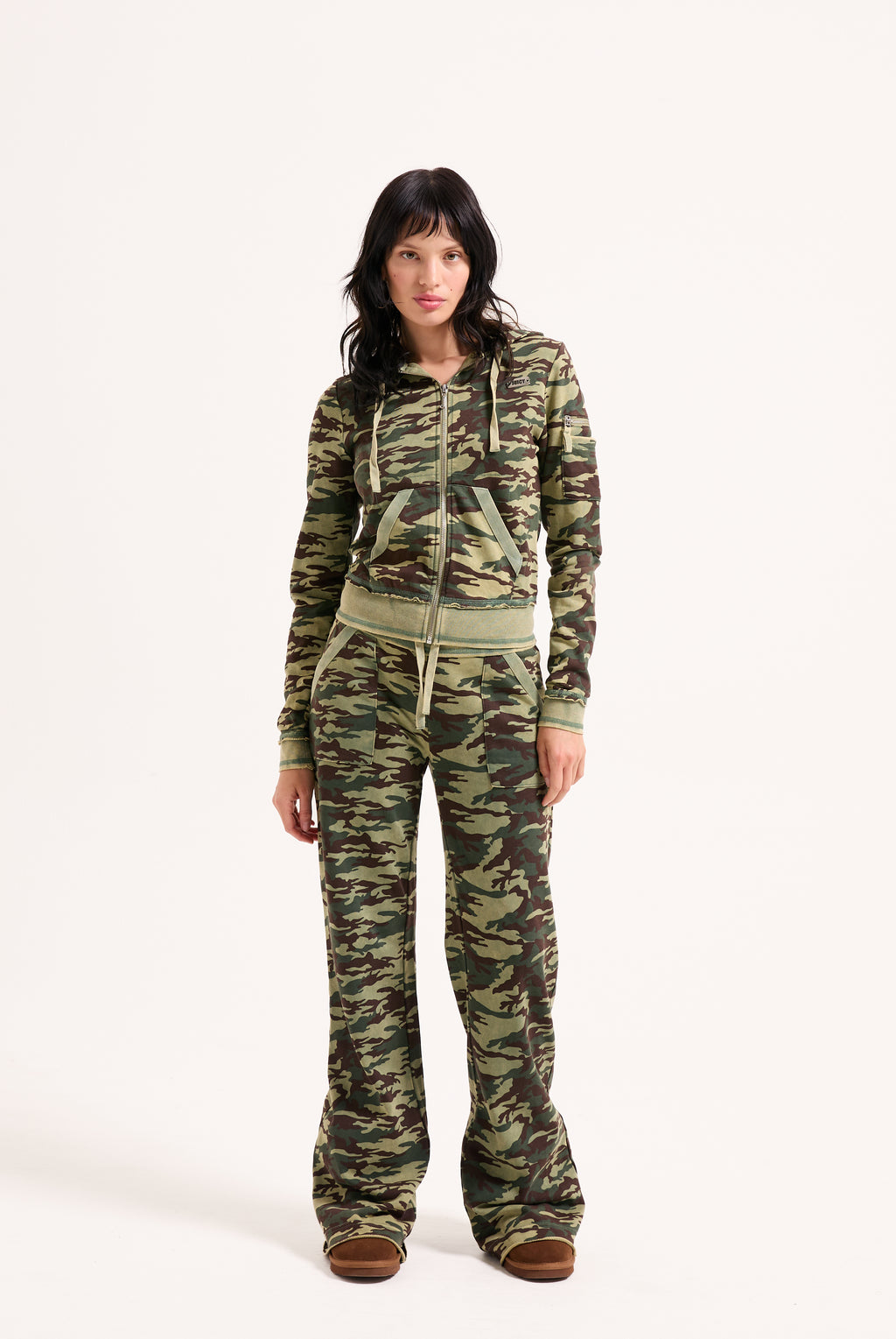 CAMO PRINT WASHED COTTON LOW RISE TRACK BOTTOMS