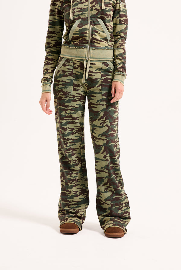 CAMO PRINT WASHED COTTON LOW RISE TRACK BOTTOMS
