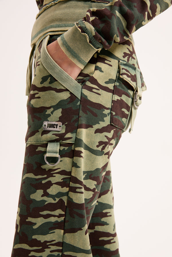 CAMO PRINT WASHED COTTON LOW RISE TRACK BOTTOMS