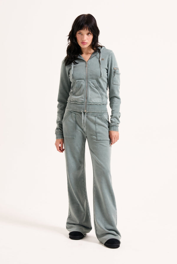 DUCK GREEN WASHED COTTON LOW RISE TRACK BOTTOMS