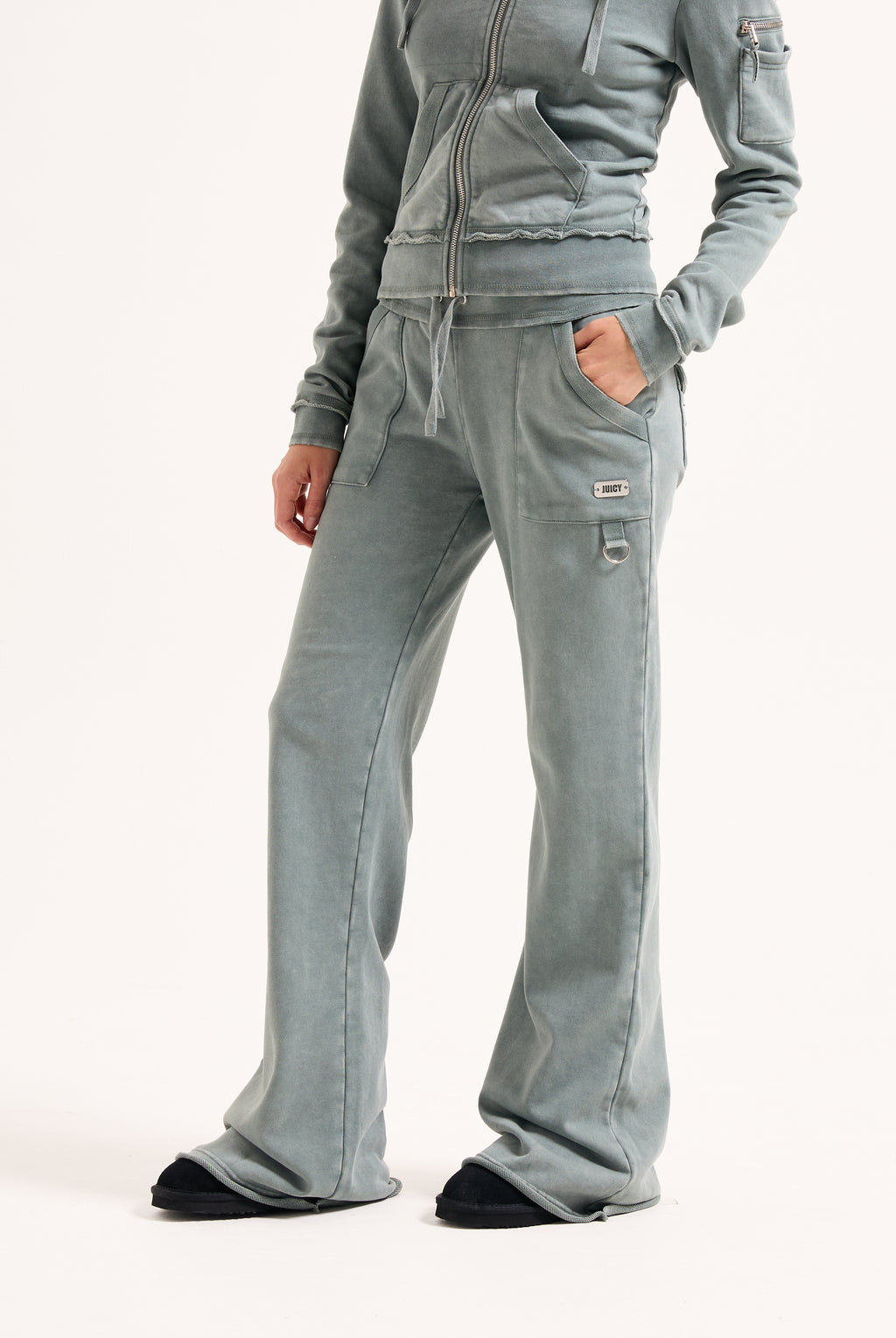 DUCK GREEN WASHED COTTON LOW RISE TRACK BOTTOMS
