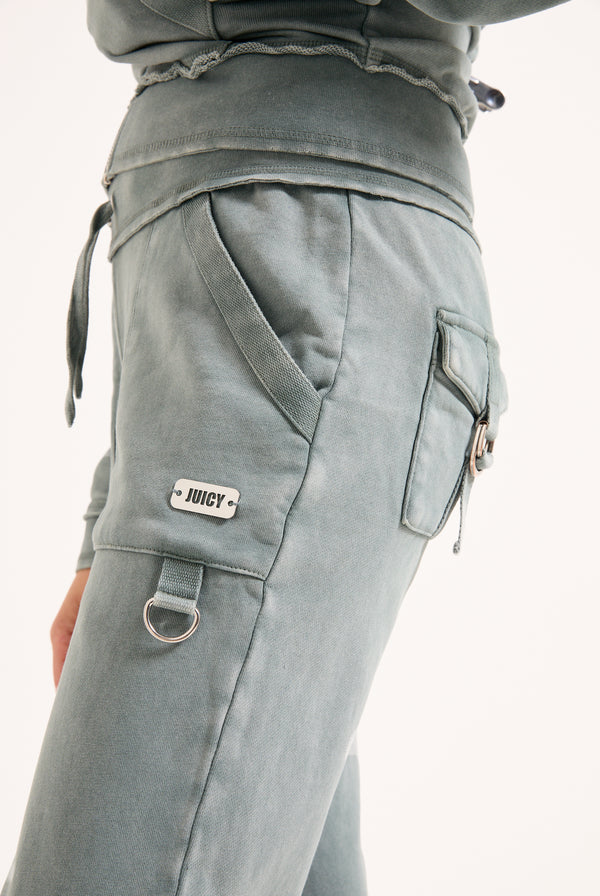 DUCK GREEN WASHED COTTON LOW RISE TRACK BOTTOMS