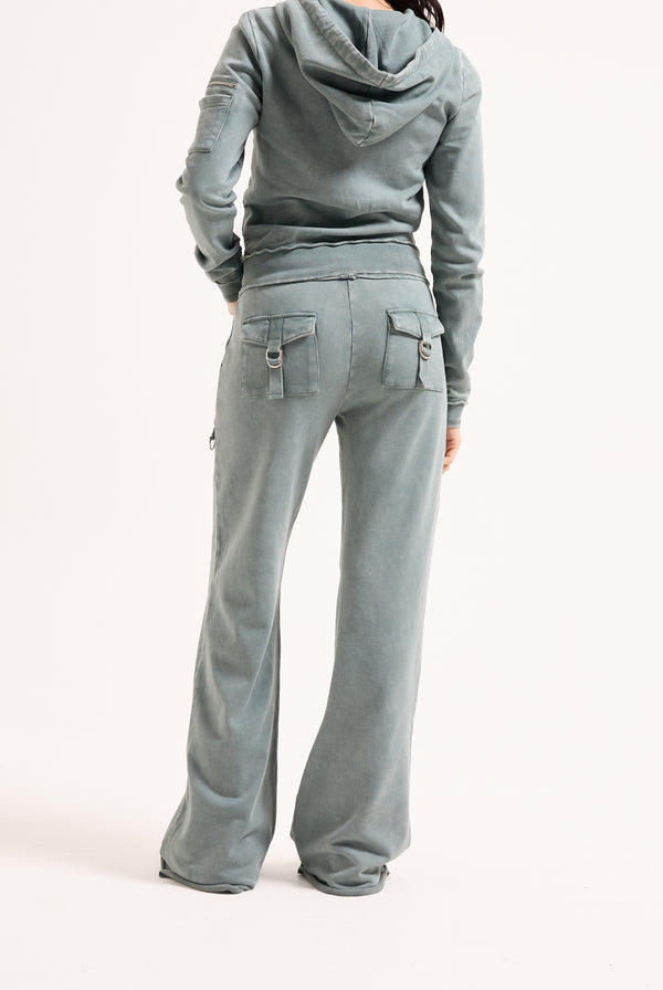 DUCK GREEN WASHED COTTON LOW RISE TRACK BOTTOMS