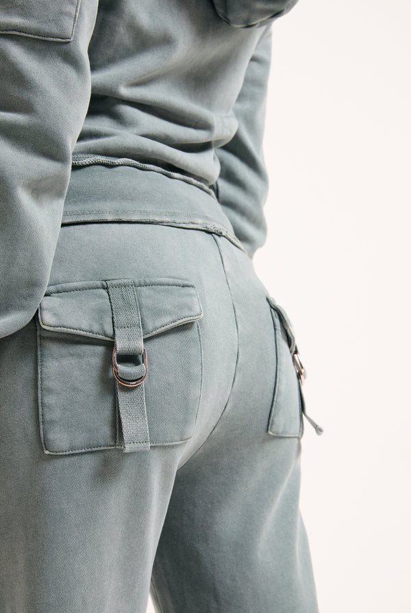 DUCK GREEN WASHED COTTON LOW RISE TRACK BOTTOMS