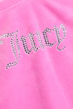 Displays the super pink 'juicy' branded bandeau velour dress featuring the juicy branding 