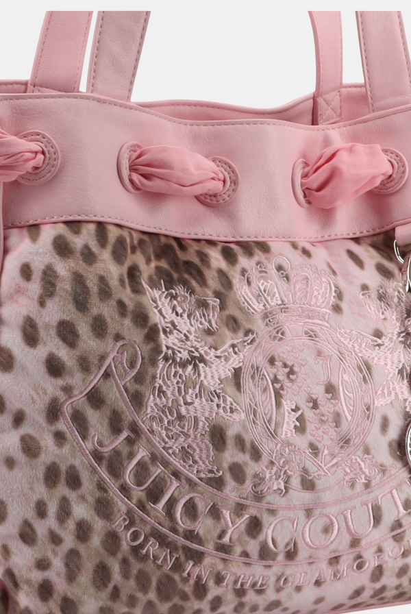 Displays the Pink 'juicy' branded cheetah daydreamer shopper bag featuring the juicy Couture logo branding 