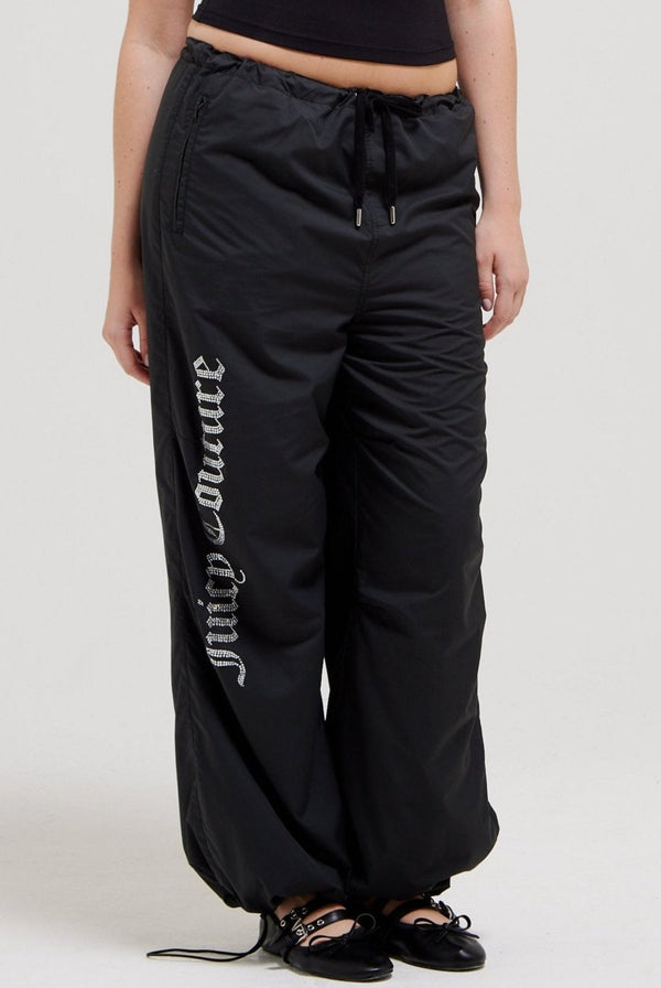 BLACK DIAMANTÉ PARACHUTE PANTS