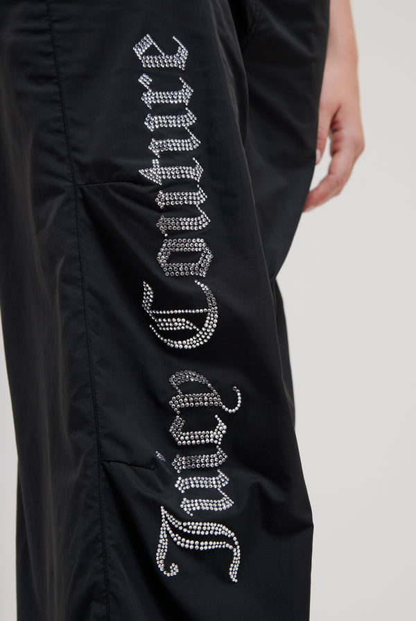 BLACK DIAMANTÉ PARACHUTE PANTS