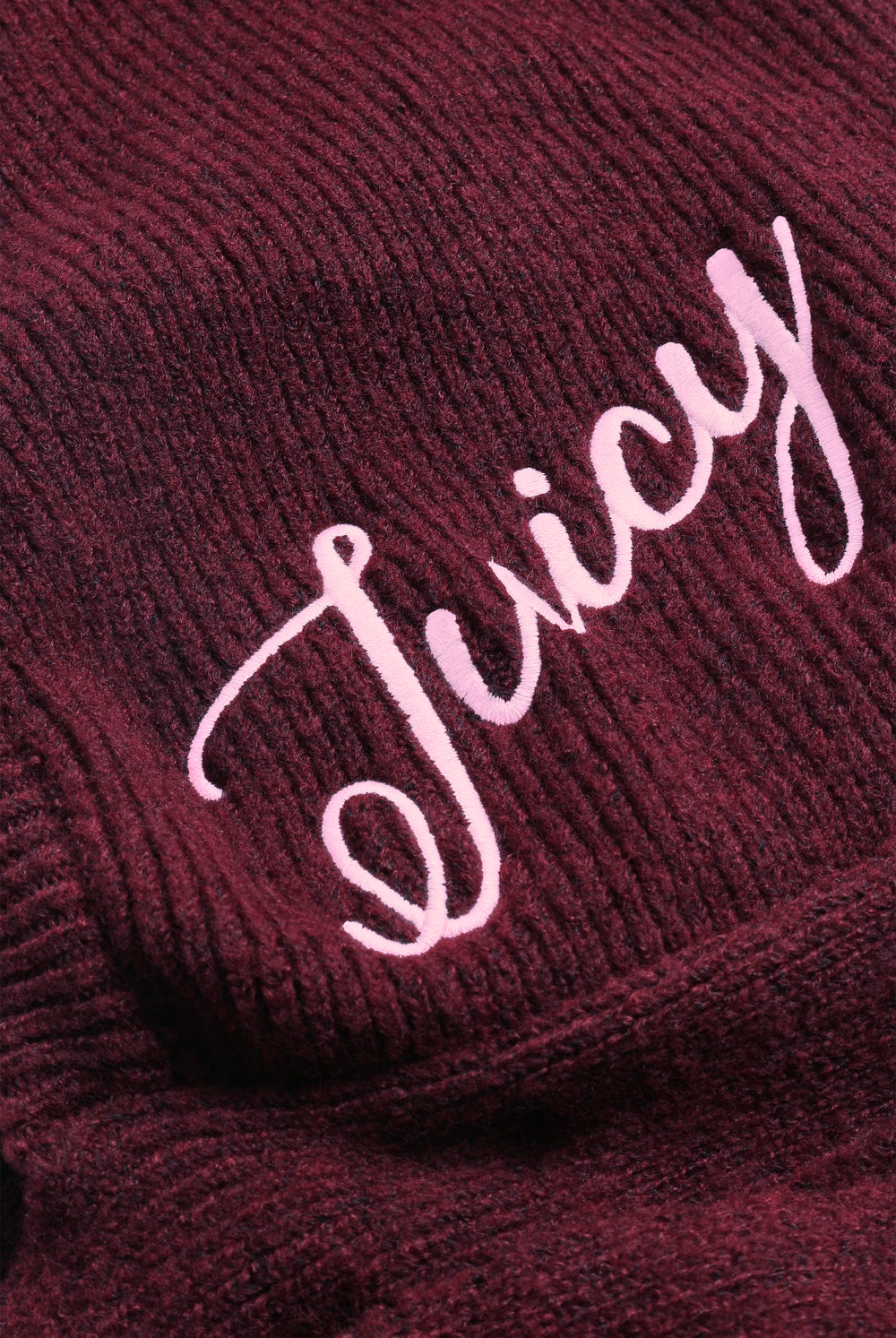 Displays the Burgundy 'Juicy' branded Bonnet With Bow featuring the juicy branding 