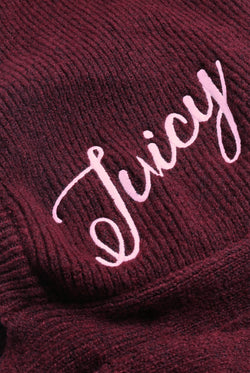 Displays the Burgundy 'Juicy' branded Bonnet With Bow featuring the juicy branding 