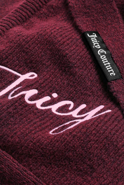 Displays the Burgundy 'Juicy' branded Bonnet With Bow featuring the juicy branding 