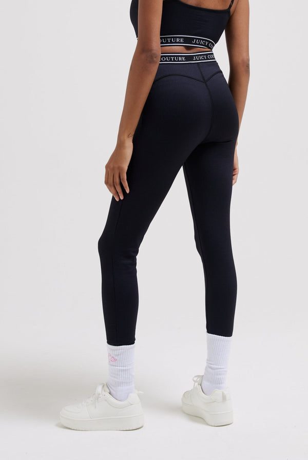 BLACK RIBBED LOGO WAISTBAND LEGGINGS