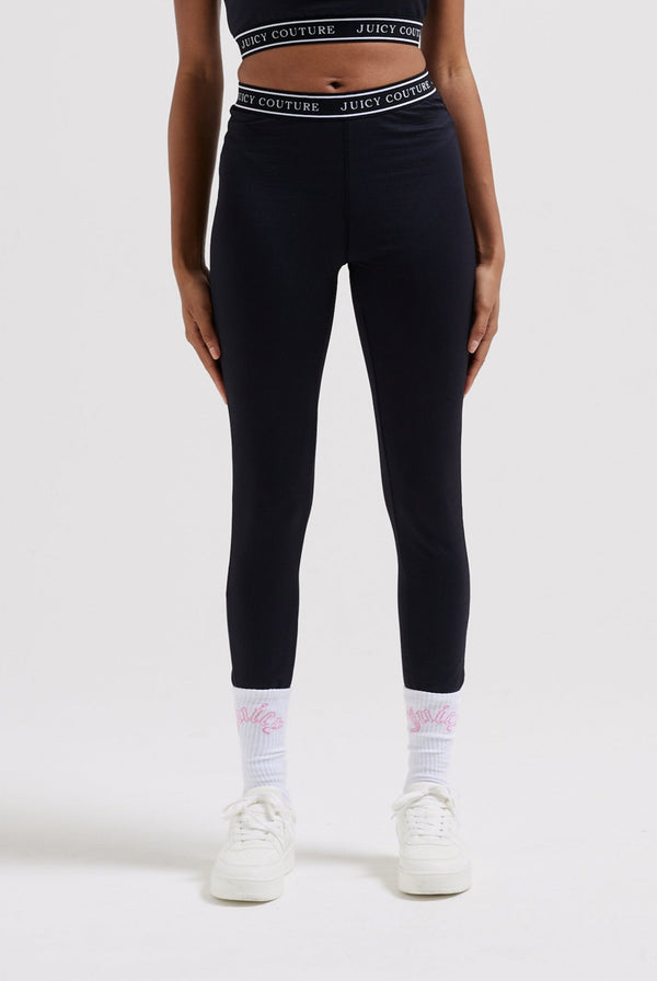 BLACK RIBBED LOGO WAISTBAND LEGGINGS