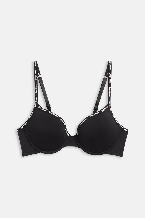 Black Branded Strap Underwire Microfibre Bra
