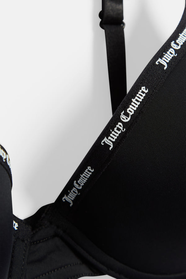 Black Branded Strap Underwire Microfibre Bra