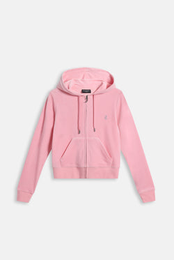 Displays the Juicy Pink 'Juicy' branded bridesmaid classic velour hoodie 