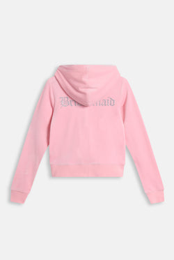 Displays the Juicy Pink 'Juicy' branded bridesmaid classic velour hoodie 