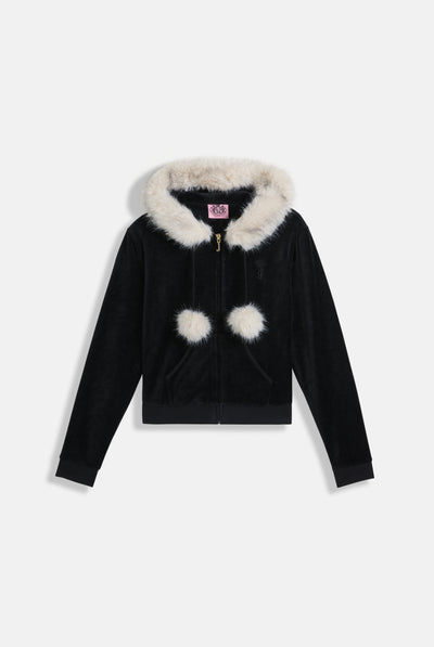 BLACK BAMBOO VELOUR FUR TRIM HOODIE