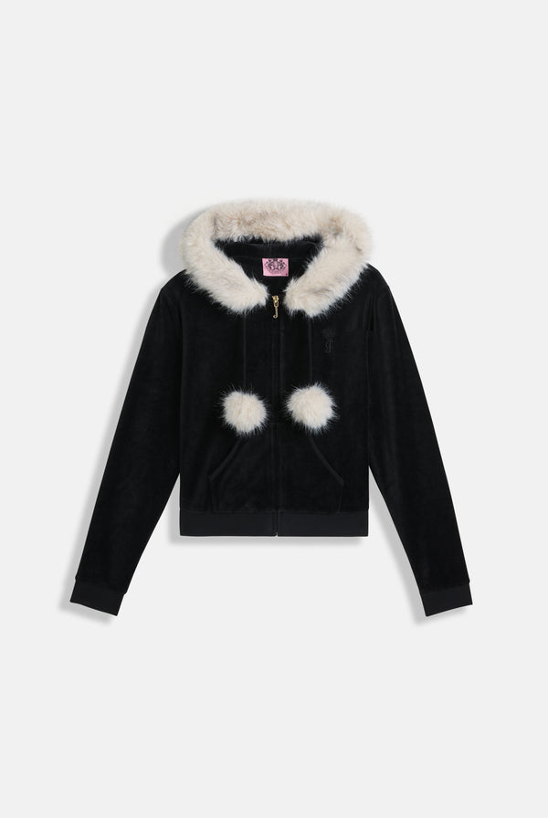 BLACK BAMBOO VELOUR FUR TRIM HOODIE