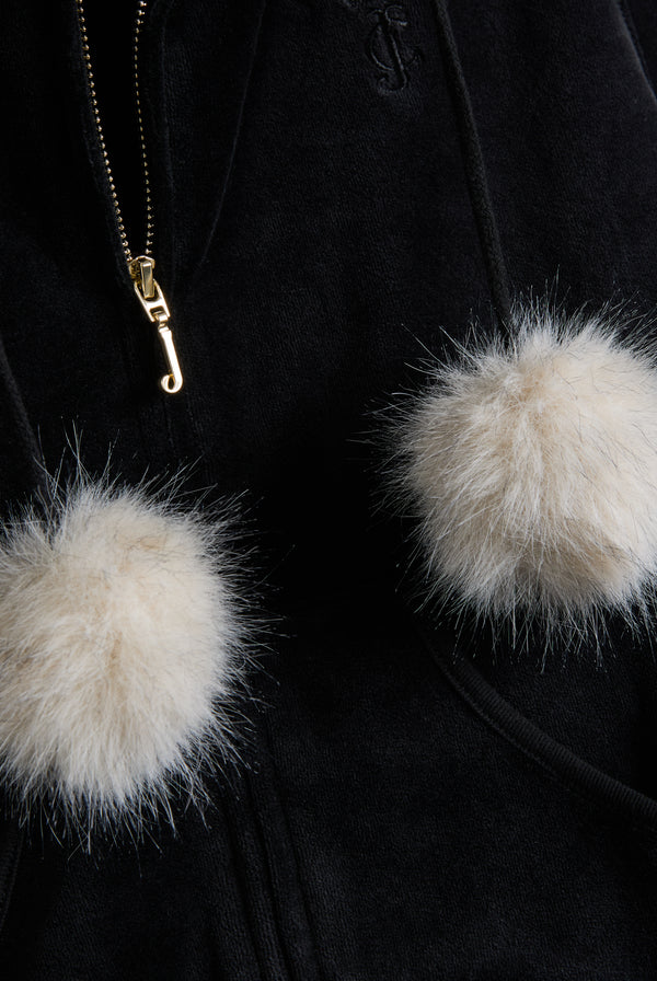 BLACK BAMBOO VELOUR FUR TRIM HOODIE