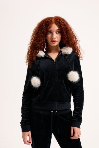 BLACK BAMBOO VELOUR FUR TRIM HOODIE