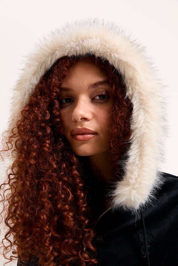 BLACK BAMBOO VELOUR FUR TRIM HOODIE