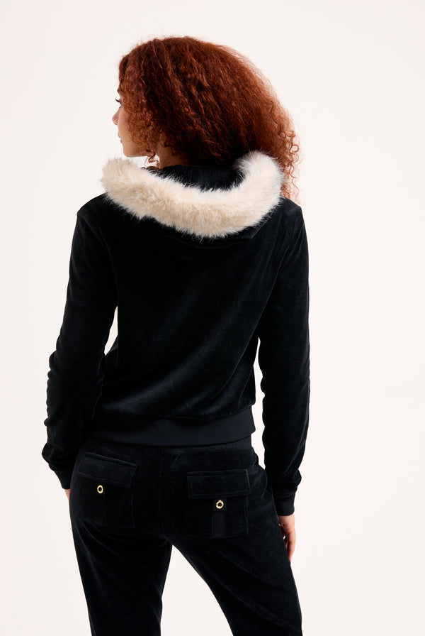 BLACK BAMBOO VELOUR FUR TRIM HOODIE