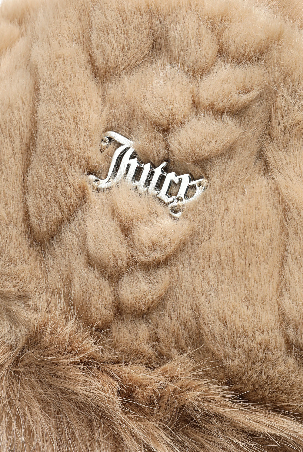 Displays the Warm Taupe 'Juicy' branded Cable Knit Trapper With Fur Lining featuring the juicy branding 