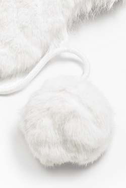 Displays the Sugar Swizzle 'Juicy' branded Cable Knit Trapper With Fur Lining featuring the close up on the details 