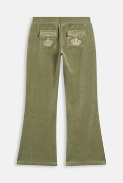 Displays the Oil Green 'Juicy' branded Regal Rebelle Caisa Ultra Low Rise Pant