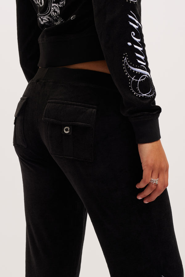 BLACK ULTRA LOW RISE BAMBOO VELOUR HERITAGE CREST POCKETED BOTTOMS