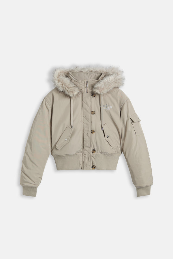 Displays the String 'Juicy' branded Nylon Bomber