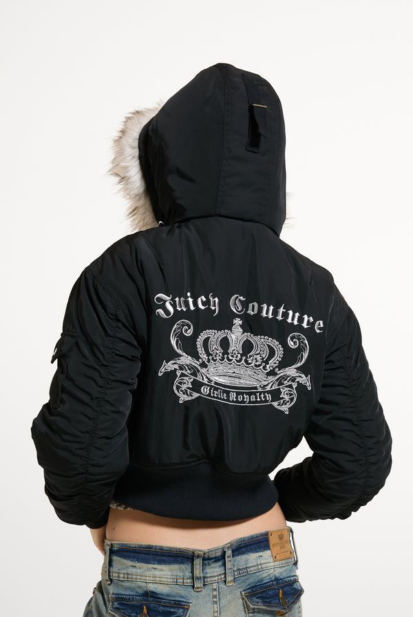 Displays a model wearing the Black 'Juicy' branded Nylon Bomber