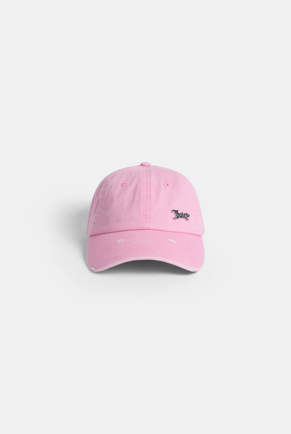 Displays the pink 'juicy' branded distressed cotton denim cap 