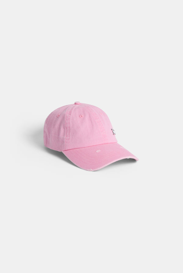 Displays the pink 'juicy' branded distressed cotton denim cap 