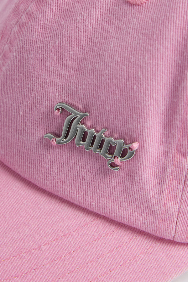 Displays the pink 'juicy' branded distressed cotton denim cap featuring the juicy branding 