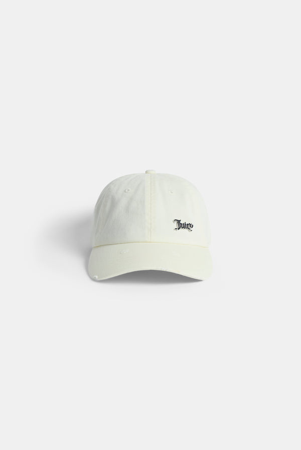 Displays the Ecru distressed 'Juicy' branded cotton denim cap 