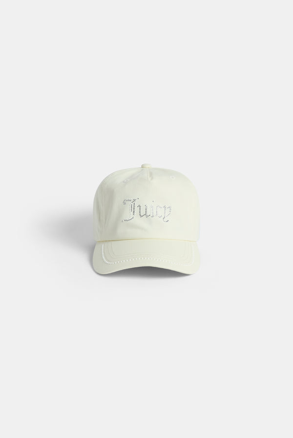 Displays the Ecru Diamanté 'Juicy' branded cotton cap 