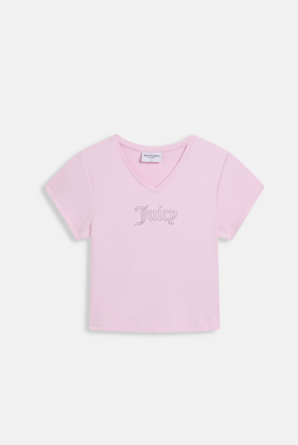 Displays the Cherry Blossom 'Juicy' branded diamanté V Neck T-Shirt 