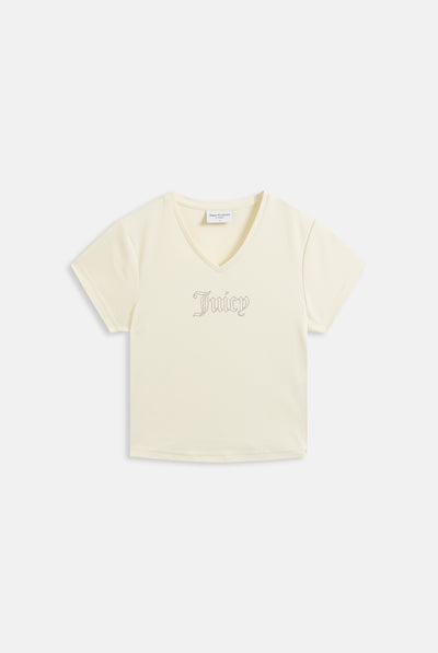 CREAM DIAMANTÉ V NECK T-SHIRT