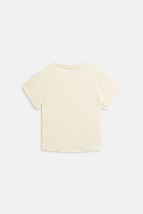Displays the cream 'Juicy' branded diamanté V Neck T-Shirt 