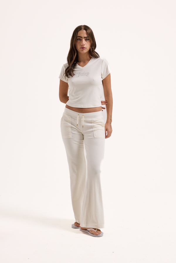 Displays a model wearing the cream 'Juicy' branded diamanté V Neck T-Shirt 