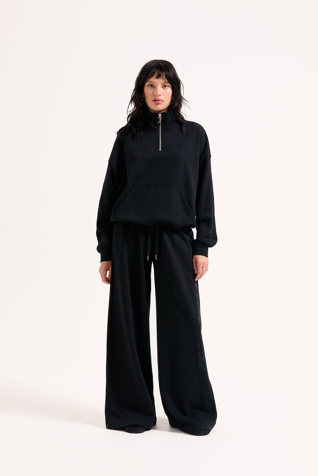 BLACK DIAMANTE FLEECE WIDE LEG TRACKPANT