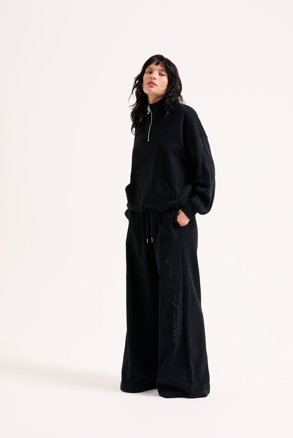 BLACK DIAMANTE FLEECE WIDE LEG TRACKPANT