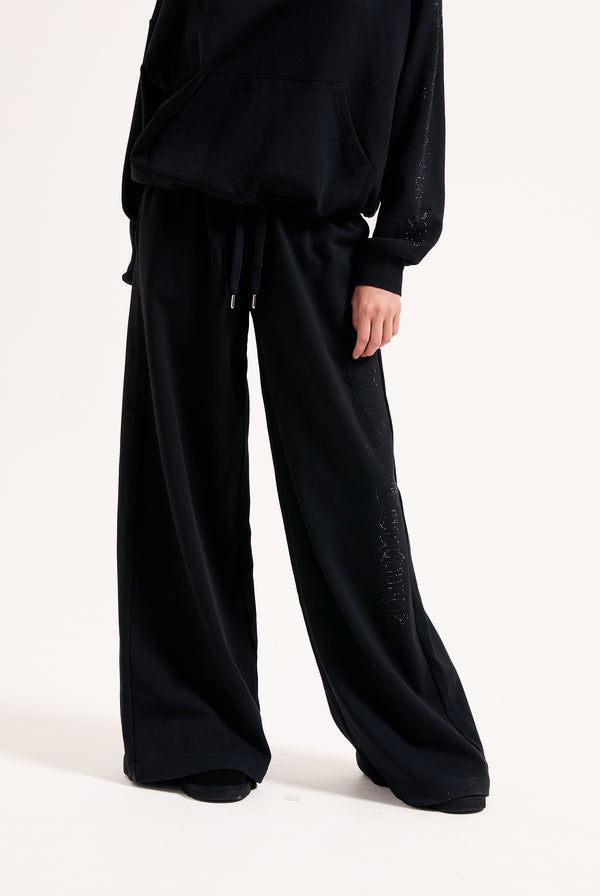 BLACK DIAMANTE FLEECE WIDE LEG TRACKPANT